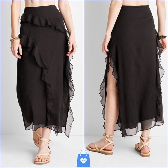 Size 6 - Womens Asymmetrical Ruffle Maxi Skirt - Future Collective - Black - Picture 1 of 5